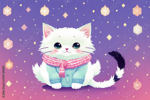 An adorable cute cat character warmed up in winter clothes standing in nice hat and scarf ready to celebrate christmas created with generative ai