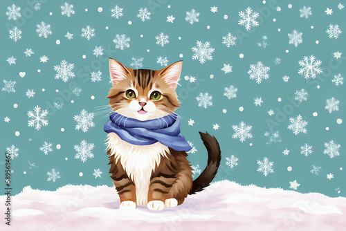 An adorable cute cat character warmed up in winter clothes standing in nice hat and scarf ready to celebrate christmas created with generative ai