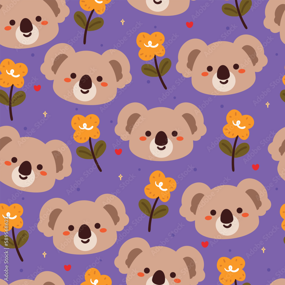 Naklejka premium seamless pattern cartoon koala, plant and flower. cute animal wallpaper for textile gift wrap paper