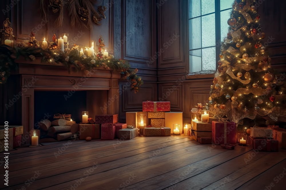 Interior Christmas with a magic glowing tree, fireplace, and gifts. Generative AI.
