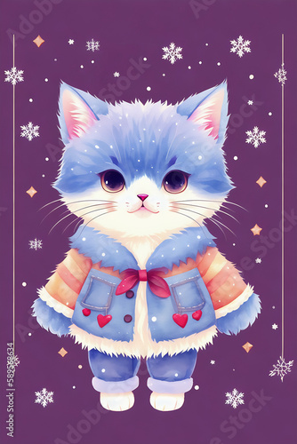 An adorable cute cat character warmed up in winter clothes standing in nice hat and scarf ready to celebrate christmas created with generative ai