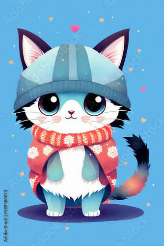 An adorable cute cat character warmed up in winter clothes standing in nice hat and scarf ready to celebrate christmas created with generative ai