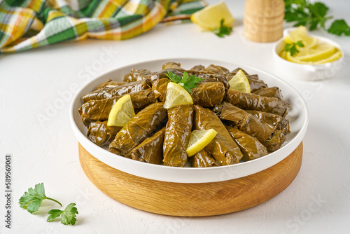 Stuffed grape leaves . Traditional caucasian, mediterranean and middle eastern cuisine