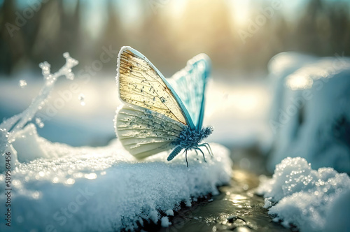 Butterfly in the snow, shiny glowing butterfly, snow background
