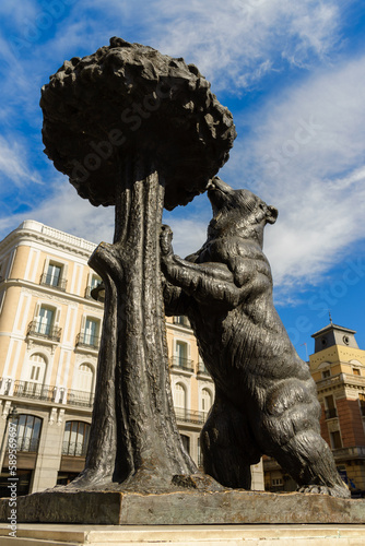 Statue of the bear and the Madrono Tree, heraldic symbol of Madrid in Puerta del Sol, Spain