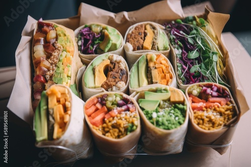 box of tasty and affordable vegan wraps, ready to eat, created with generative ai photo