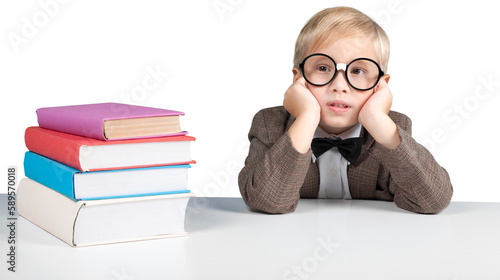 Portrait of a cute young boy in glasses thinking over background