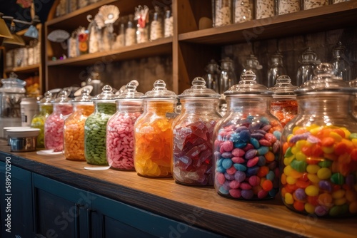 candy shop with jars of colorful candy, tempting customers to indulge, created with generative ai
