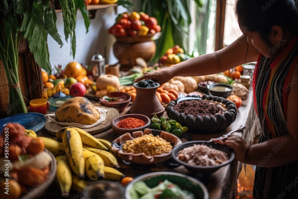 person, cooking feast of diverse and colorful colombian dishes, created with generative ai person, cooking feast of diverse and colorful colombian dishes, created with generative ai
