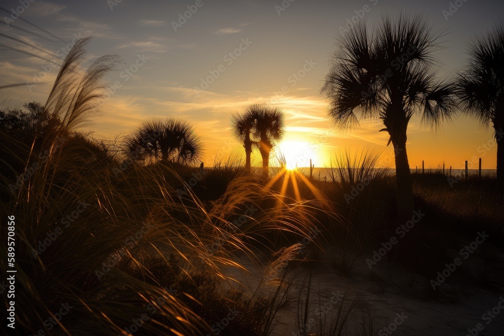 sun setting behind towering dunes, with silhouetted palm trees on the horizon, created with generative ai