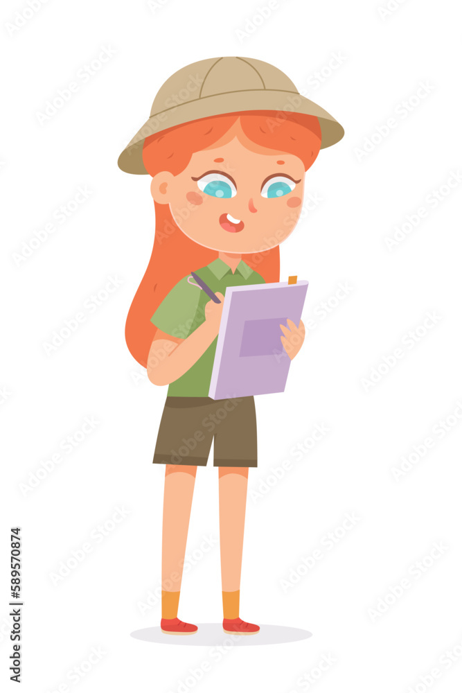 Cute kid explorer in scout outfit studying nature, girl in safari hat and green uniform Cute kid explorer in scout outfit studying nature, girl in safari hat and green uniform
