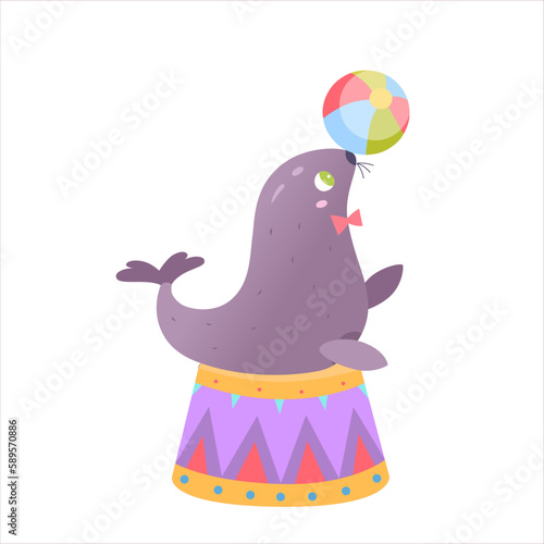 Circus seal playing with ball, funny animal with bow tie performing carnival show