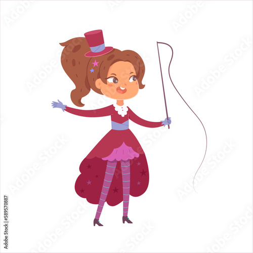 Circus tamer vector illustration. Cartoon isolated brave girl trainer in vintage tuxedo and top hat holding whip, waving bullwhip to train lion or tiger and performing carnival show on circus arena