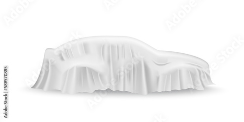 White cloth drapery covering car. Silk fabric hanging on gift for surprise reveal vector illustration. Hidden car under veil decoration on white background. Mysterious presentation event