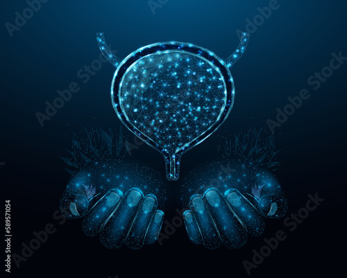 Two human hands are holds human bladder. Medical concept, bladder cancer, cystitis, human excretory system. Wireframe low poly style. Abstract vector illustration on dark blue background.