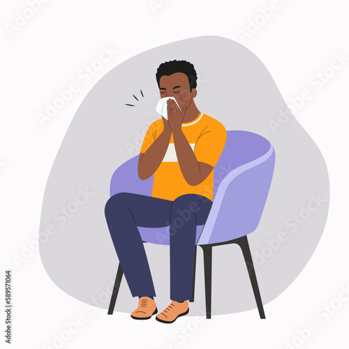 Young ill Black man blows his nose in a handkerchief isolated. Vector flat style cartoon illustration