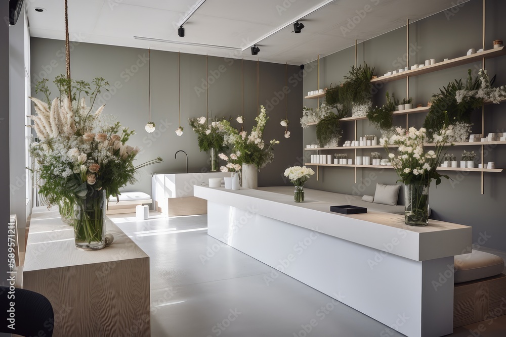 modern flower shop with minimalist design and sleek furniture, created