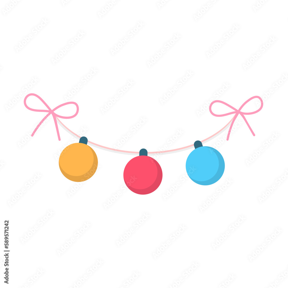 Christmas balls hanging on rope, yellow blue and red glass baubles to celebrate Xmas