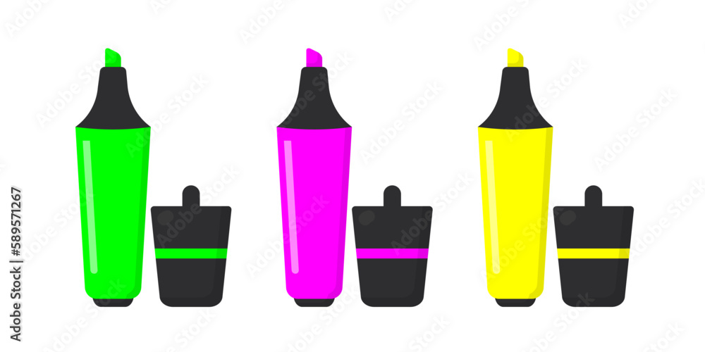 Open markers set, felt tip pens with black caps for green pink and yellow highlight lines Open markers set, felt tip pens with black caps for green pink and yellow highlight lines