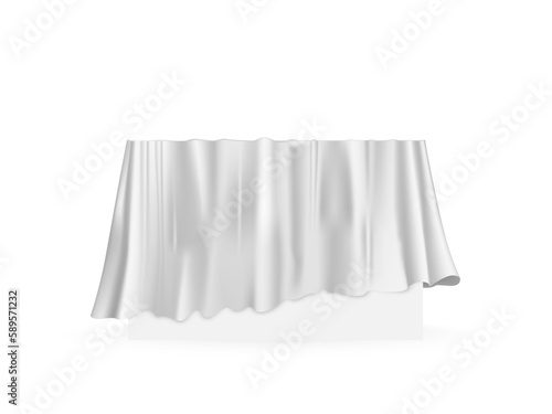 White cloth drapery covering rectangle table. Silk fabric hanging on gift for surprise reveal vector illustration. Hidden secret under veil decoration. Mysterious presentation event