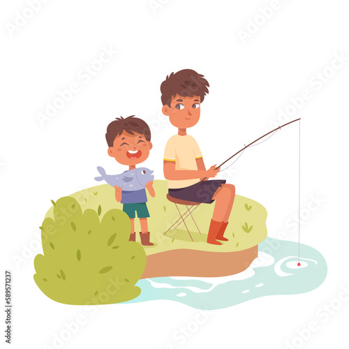 Father and son fishing together, dad fisherman sitting with fishing rod near water