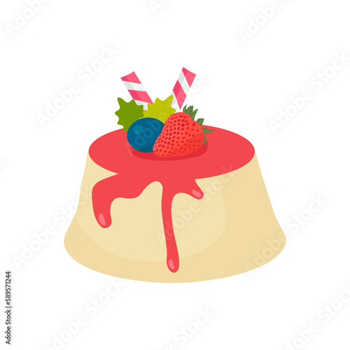 Vanilla pudding with strawberry sauce, milk gelatin dessert with berry decoration