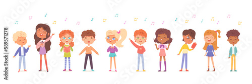 Children sing song to music set, girls and boys holding book of notes, standing together