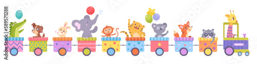 Cute train with animals vector illustration. Cartoon isolated funny happy animals ride toy railway locomotive and rainbow carriages with patterns, number signs, little characters learning counting