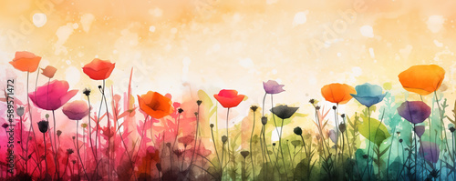 Abstract colorful flower meadow on watercolor paper background. Floral Banner concept. Generative AI. photo