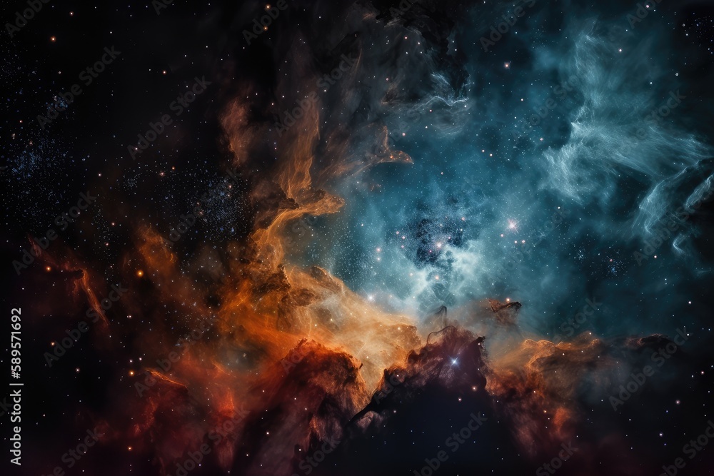 nebulae and star clusters against the backdrop of a black hole, created with generative ai