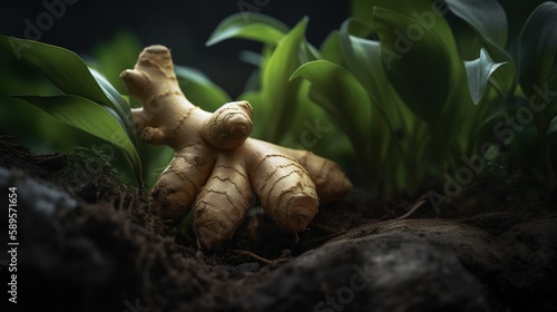 Generative AI, ginger root spice photorealistic illustartion on dark background. photo