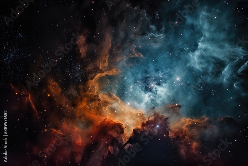nebulae and star clusters against the backdrop of a black hole, created with generative ai