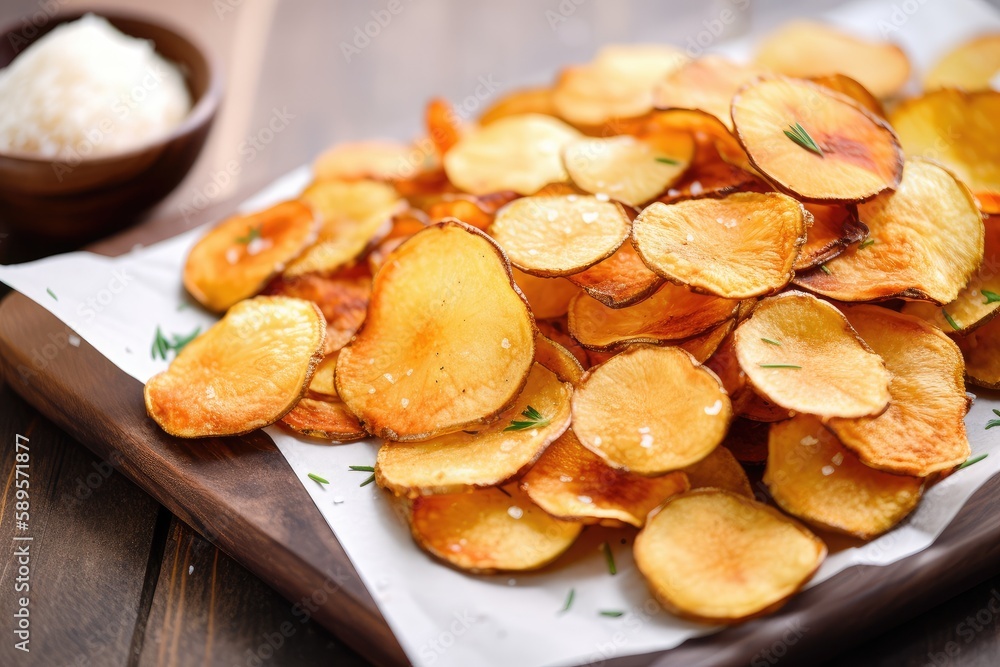 salty, crispy and delicious - the perfect way to enjoy potatoes chips!, created with generative ai salty, crispy and delicious - the perfect way to enjoy potatoes chips!, created with generative ai