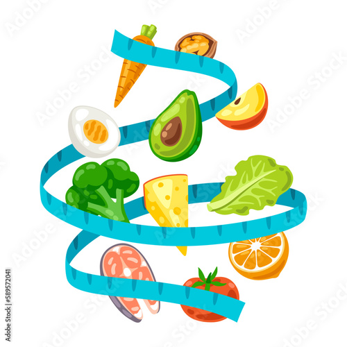 Illustration of measure tape with food. Healthy eating and diet meal. Fruits, vegetables and proteins for proper nutrition.