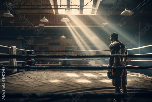 Back view of boxer training on the ring in a old gym. Generative AI