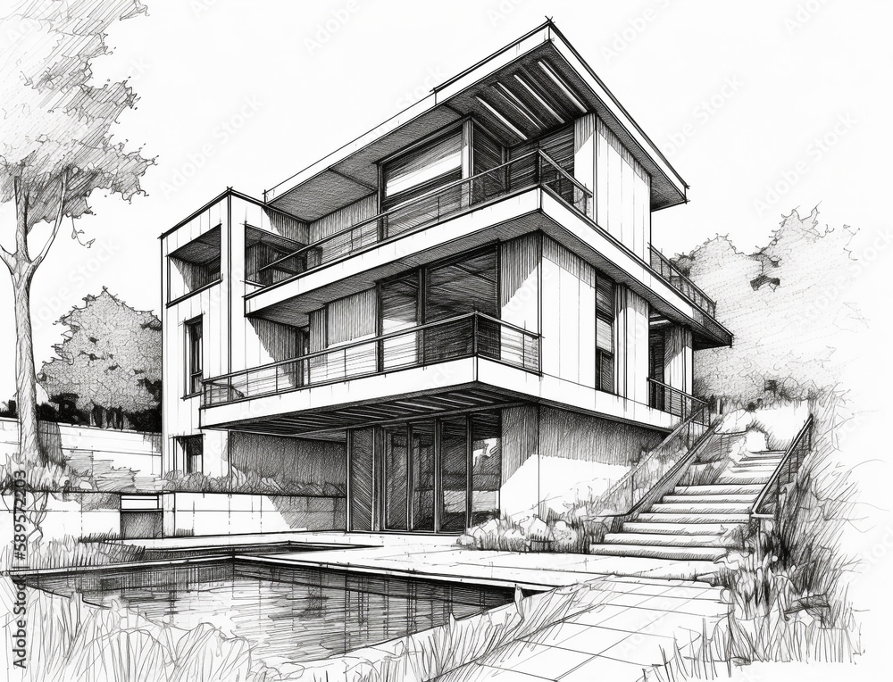 Sketch illustration of a modern style house that has a swimming pool in front of it using pencil medium. Black and white illustration with white background. Beautiful landscape around the house.