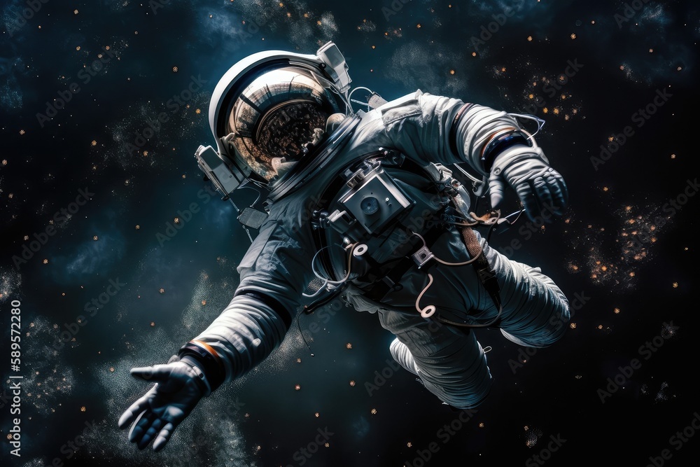 space tourist floating in zero gravity, with the stars and planets visible above, created with generative ai space tourist floating in zero gravity, with the stars and planets visible above, created with generative ai