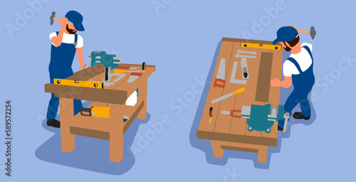 vector set flat man working with carpenter profession 