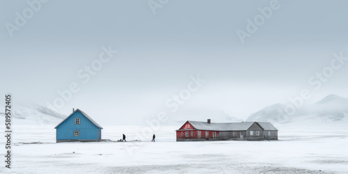 Paysage nordique enneigé minimaliste avec maison colorée typique de l'Islande, Suède, Norvège, Finlande © Sébastien Jouve