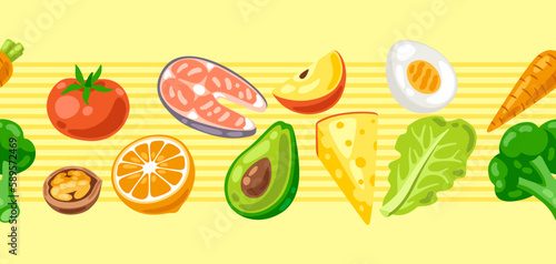 Fototapeta Naklejka Na Ścianę i Meble -  Seamless pattern with healthy eating and diet meal. Fruits, vegetables and proteins for proper nutrition.