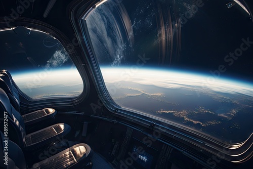 space tourism experience with view of planet from afar, created with generative ai