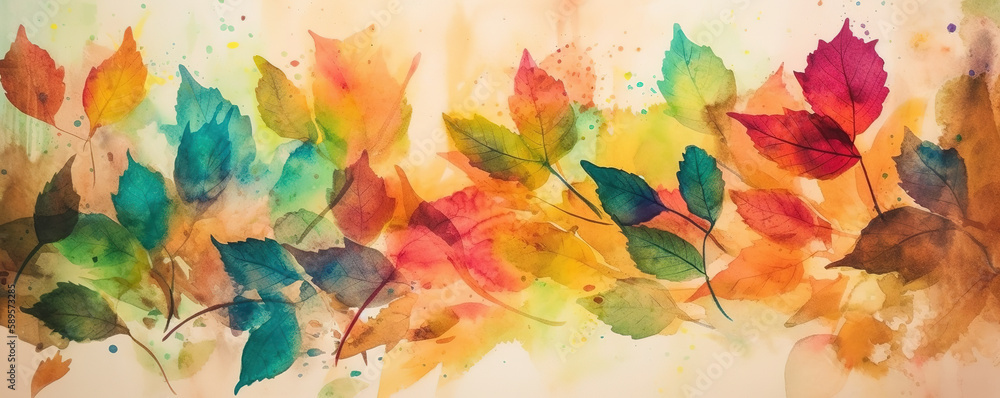 Abstract autumn colors flower meadow on watercolor paper background. Floral Banner concept. Generative AI.