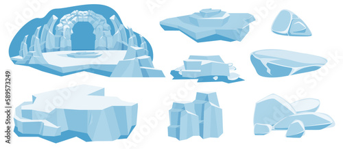 Cartoon floating ice, frozen arctic blocks of ice. Glaciers and icebergs pieces, blue ice crystals floating in water vector symbols illustration set.