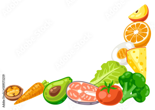 Background with healthy eating and diet meal. Fruits, vegetables and proteins for proper nutrition.