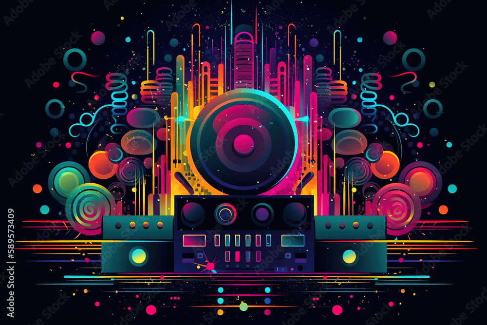 Abstract vector poster with colorful dj console, big speakers, fireworks, light bulbs, glitter, people dance, equalizer bars in background. Concept dance party. Generative AI