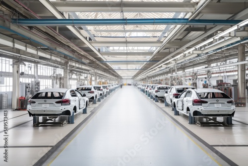 automotive factory, with rows of cars in various stages of assembly, created with generative ai