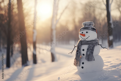 Fototapeta Happy snowman in winter wearing a hat and scarf, AI Generative