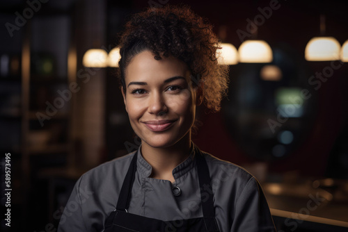 Portrait of a African american female chef working in a professional kitchen. Generative ai