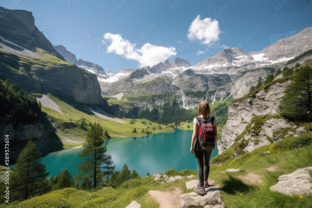 Young woman hiking near a beautiful lake in summer, AI Generative