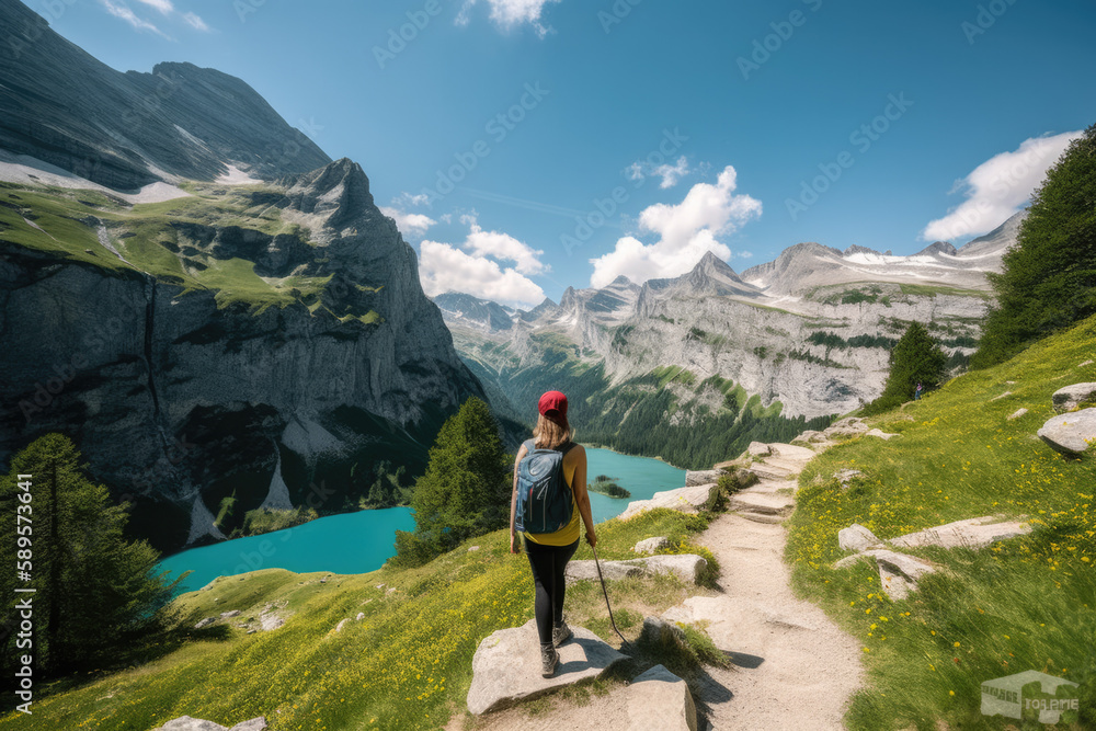 Fototapeta premium Young woman hiking near a beautiful lake in summer, AI Generative